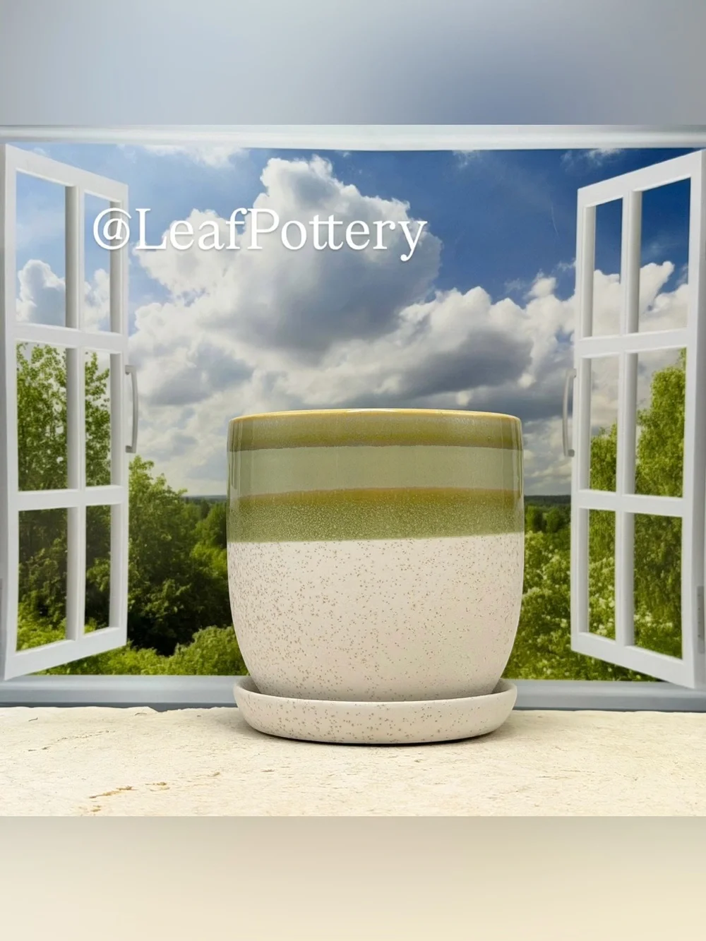 Striped Ceramic Planter with Drainage and Attached Saucer | Handmade Pottery Pot